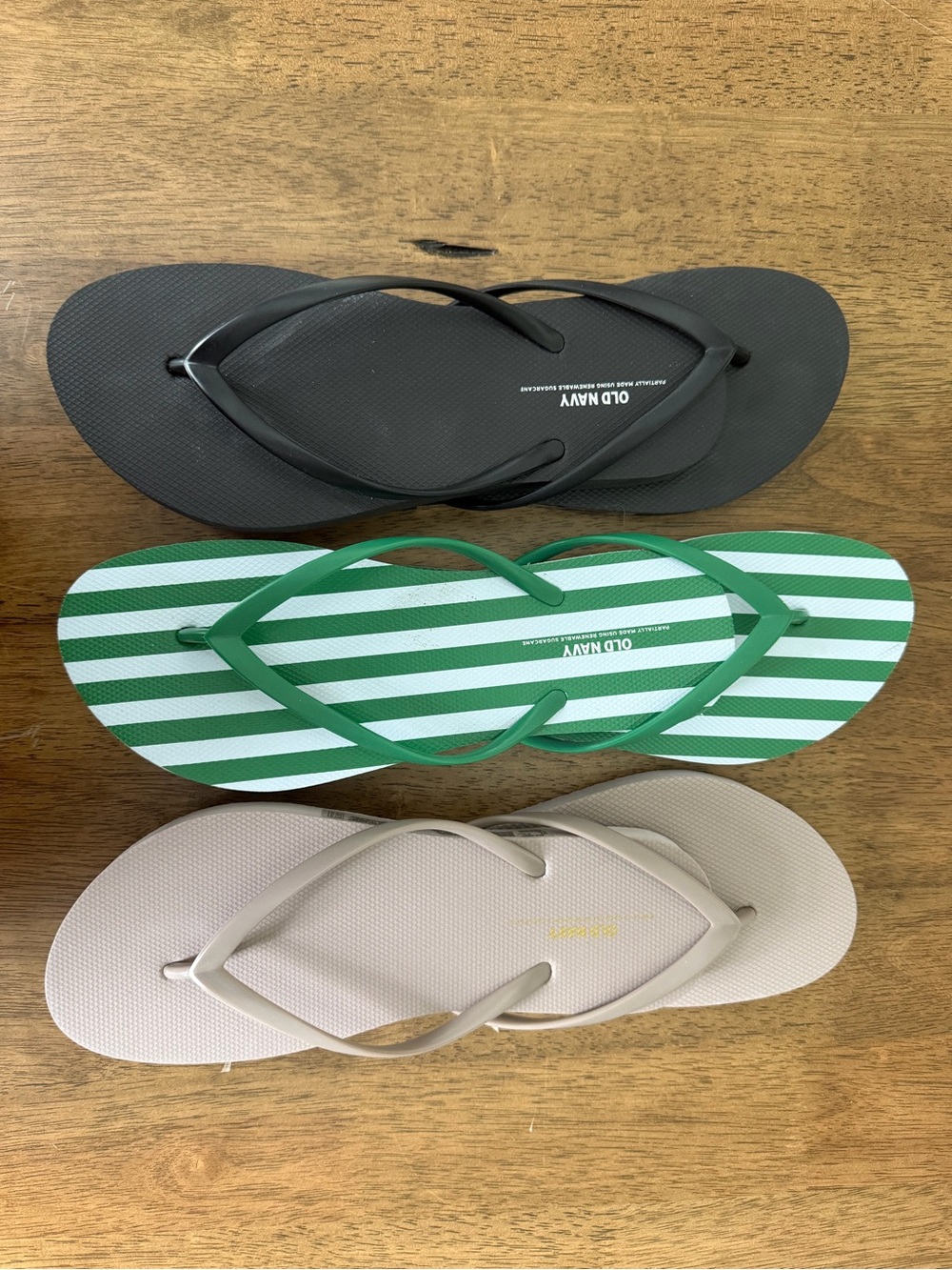 Old Navy Flip Flop Trio – Black, Green Stripe, Beige